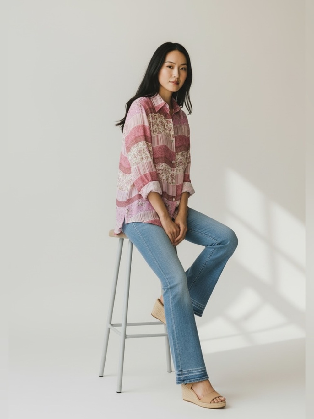 Impressions Pink Sheer Patchwork-Style Button Down Shirt